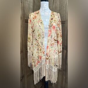 Sans Souci Cream Floral Fringed Kimono/Coverup.